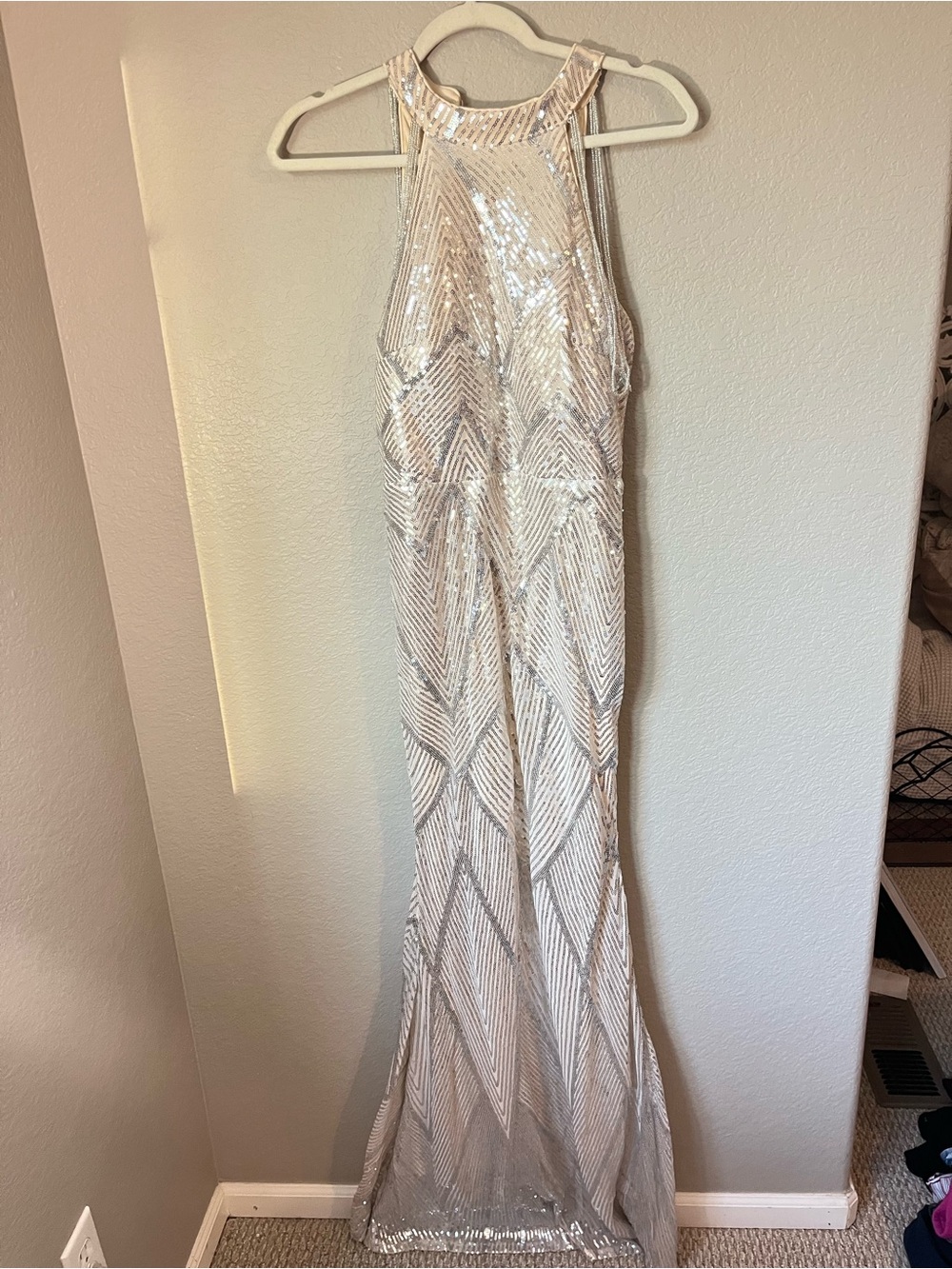 Miss Ord Small Silver Sequin Formal Maxi Gown Prom Evening Beaded Fringe Dress